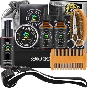 Beard Growth Kit,Beard Kit,w/Beard Roller,2 Pack Beard Growth Oil,Beard Wash,Balm,Comb,Brush,Hair Removal Razor Strops Scissor